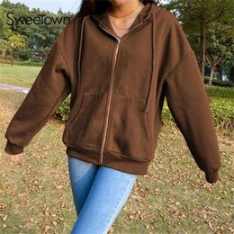 Sweetown Brown Aesthetic Hoodies Women Vintage Zip Up Sweatshirt Winter Jacket Clothes Pockets Long Sleeve Hooded Pullovers 210928