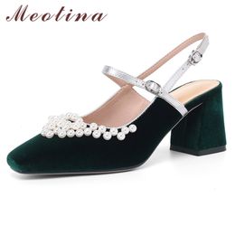 Meotina Women Shoes High Heel Fashion Slingbacks Pumps Square Toe String Bead Party Shoes Flock Thick Heels Buckle Footwear 210520