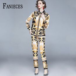 Spring Summer Fall Runway 2 Piece Women Sets Vintage Floral Print Long Sleeve Tops shirt and Pants Suits Outfits chandal mujer 210520