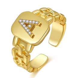 A Z 18k gold diamond English initial rings crystal golden open adjustable letters ring band women hip hop fashion Jewellery gift will and sandy