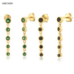 ANDYWEN 925 Sterling Silver Gold Six Green Black Zircon Charm Chain Drop Earring Piercing Rock Punk Women Fine Jewellery Gift 210608