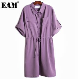 [EAM] Women Purple Big Size Casual Pockets Drawstring Dress Lapel Short Sleeve Loose Fashion Spring Summer 1DD8196 210512