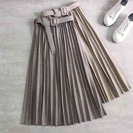 Autumn Winter korean High Waist Skirt Woolen with belt Pleated Thickened Herringbone A- line women 210621