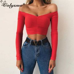 Colysmo Sexy Off Shoulder T Shirt Women Vintage Crop Top Long Sleeve Spring Ruched Knit Ribbed Tee Femme Black 210527