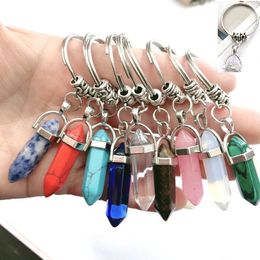 Chakra Hexagon Prism Natural Stone Keychain 9 Colors Alloy Crystal Key Ring Handbag Hangs Fashion Gift