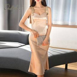 Summer Elegant Women Satin Slip Backless Draped Spaghetti Strap Sexy Party Mermaid Dress 210415