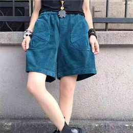 Summer Korean Style Women Loose Cotton Corduroy Big Pocket Wide Leg Pants Casual Elastic Waist Knee Length W102 210512