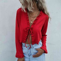 Autumn red cardigans female Wooden Ear Breasted button V-neck Cardigan Thin Short Jacket V-Neck Ruffles Cardigans for women 210508