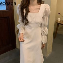 Ezgaga Vintage French Style Elegant White Party Dress Women Autumn Chic Square Collar Long Puff Sleeve Tender Dress Vestidos 210430