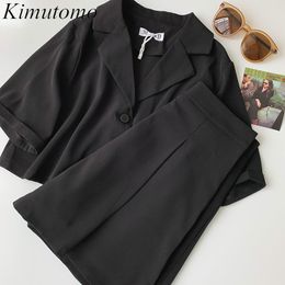 Kimutomo Two Piece Set Spring Fashion Korean Chic Notched Black Short Tops and Solid Pleated Mini Skirt Casual 210521