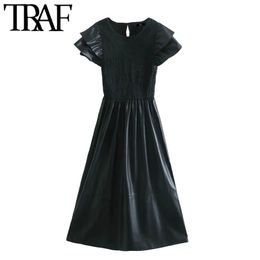 TRAF Women Chic Fashion Faux Leather Elastic Smocked Midi Dress Vintage O Neck Ruffled Sleeve Female Dresses Mujer 210415