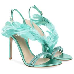 feather prom UK - Sandals Blue Crystal Strap Women Prom Feather Design High Heels Party Pumps Summer Large Size 42 Lady Sandalias Femmes Zapatos