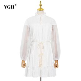 VGH Vintage Dress For Women Stand Collar Long Sleeve High Waist Lace Up Hollow Out Ruched Solid Mini Dresses Female Clothes 210421