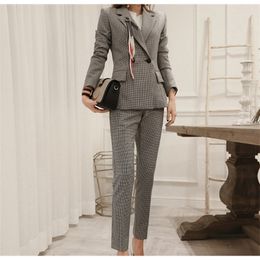 autumn fashion women pants suits slim work wear office ladies long sleeve lattice blazer set costumes for 210514