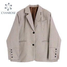 Plaid Vintage Blazer Coat Women Notched Collar Single Breasted Loose Pocket Jacket Mujer Spring Elegant OL Korean Outwear 210417