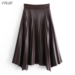 Vintage Women Faux PU Leather Long Skirt Elegant Brown Pleated High Waist Slim Asymmetric 210430