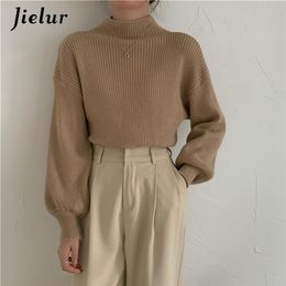 Jielur Lantern Sleeve Sweater Women Turtleneck Office Lady Pure Colour Knitted Pullover Loose White Khaki Sweaters for Women 211215