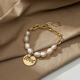 Link, Chain Freshwater Pearl Cuff Bracelets For Women Gold Color Round Coin Pendant Bracelet Jewelry Party Gifts Fashion Wholesale