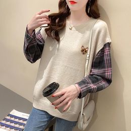 Women's Hoodies & Sweatshirts V Neck Vintage Sweater Ladies Fall Knitted Tops Geometrical Pattern Patched White Shirt Mujer False Two Piece