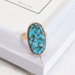 Fashion Oval Hexagon Turquoise Kallaite Healing Crystal Ring Blue Stone Geometric Gold Plated Finger Rings for Women Jewelry Gift