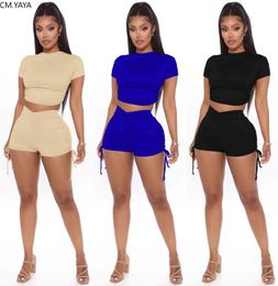 2020 Summer Women Two Pieces Sets Tracksuits Short Sleeve Draped Tops Shorts Suit Fitness Sporty Street Club 2 Pcs Outfit GL8271 X0428