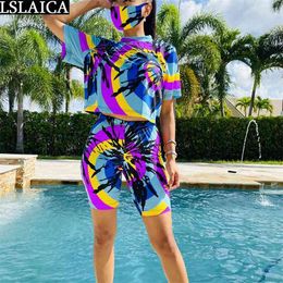 Tie Dye Two Peice Set For Women Top And Pants Summer Casual Shorts Beach Holiday Outfits Home Clothes Plus Size Tracksuit 210515