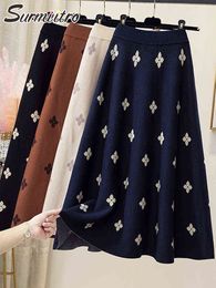 SURMIITRO Autumn Winter Thick Warm Knitted Midi Long Skirt Women Korean Style Black Floral High Waist Skirt Female 211120