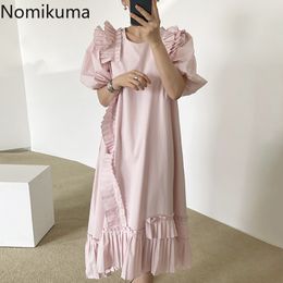 Nomikuma Korean Pleated Ruffle Patchwork Dresses Chic Puff Sleeve O-neck Women Dress Irregular A-line Vestido Feminino 6G316 210427