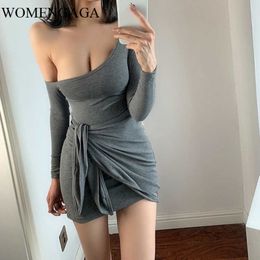 WOMENGAGA Sexy Autumn Winter Irregular One Shoulder Low Chest Thin High Waist Tie Fashionable Full Sleeve Mini Dress C17M 210603