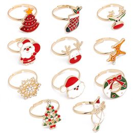Kids Girls Cartoon Open Rings Snowman Elk Christmas Sweet Party Jewelry Accessories Xmas Festival Gifts Adjustable Finger Ring