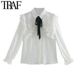 TRAF Women Fashion With Bow Ruffled Button-up Blouses Vintage Long Sleeve Side Vents Female Shirts Chic Tops 210415