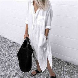 Woman's Lapel Long Sleeve Spring Dress Cotton Split Dresses Elegant Solid Work Office Vestidos Female Tunic Robe Plus Size 5XL 210409