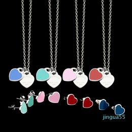 Women enamel BLUE Red PINK Green Colour Double Heart Charms Necklace and Earring Jewellery set Fashion Stainless Sun gold Jewellry