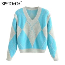 Women Fashion Argyle Pattern Loose Knitted Sweater V Neck Detachable Sleeves Female Pullovers Chic Tops 210420