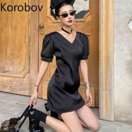 Korobov Vintage V Neck Puff Sleeve Black Dress Korean Streetwear High Waist Summer Dresses Chic New Vestidos Mujer 210430