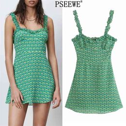 Green Floral Slip Woman Dress Ruffle Backless Sexy Short Dresses Women Casual Sleeveless Beach Summer 210519