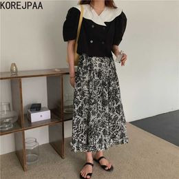 Korejpaa Women Sets Summer Korean Chic Retro Style Lapel Double-Breasted Shirt High Waist Over-The-Knee Print Skirt 210526