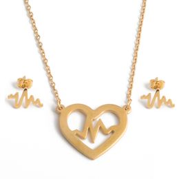 Gold Heartbeat ECG Charm Heart Pendant Necklace Earrings Cardiogram For Women Valentines Gift