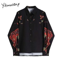 Yitimuceng Vintage Floral Print Blouse Women Button Up Shirts Oversize Turn-down Collar Long Sleeve Summer Fashion Tops 210601