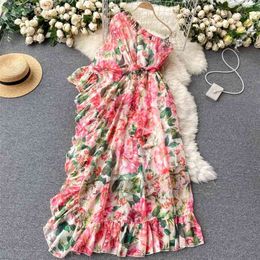 summer European American Floral Maxi Vestidos Women's Diagonal Collar One-shoulder Ruffled Temperament Dress C639 210507