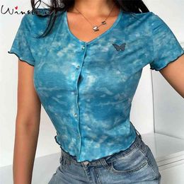 Summer Tie-Dye Tshirt Women Girls Butterfly Embroidery Buttons Ruffles Cardigan Crop Tops Short Sleeve Slim T0D318A 210421