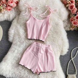 Summer Women Knitted Two Pieces Set Bow-tied Strap Sleeveless Crop Top + Drawstring Waist Short Pants Suits Home Clothing Sets 210603