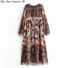 Autumn Boho Style Women's Positioning Vintage Floral Print Tassels Lace-Up Long Sleeve Dress Female Fashion 210514