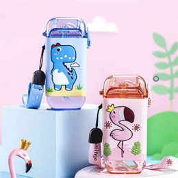 Cartoon Children Water Bottle 280ml with Rope Portable Square Kettle Sealed Leak-Proof BPA Free Tritan Baby Milk Cup With Straw 210917