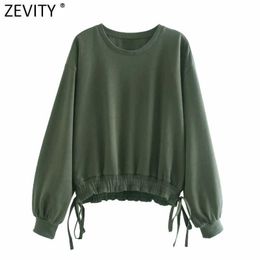 Zevity Women Fashion O Neck Patchwork Casual Sweatshirts Femme Basic Hem Elastic Lace Up Hoodies Chic Pullover Tops H500 210603