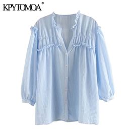 Women Sweet Fashion Striped Ruffled Blouses V Neck Three Quarter Sleeve Female Shirts Blusas Chic Tops 210420