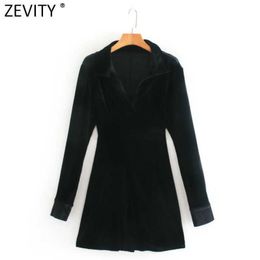 Zevity Women Elegant Turn Down Collar Long Sleeve Velvet Party Mini Dress Female Casual Slim Business A Line Vestido DS4657 210603