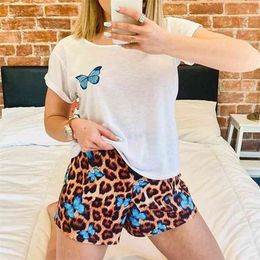 OMSJ Women Comfort Home Wear Two Piece Sets O-neck T-shirt Shorts Leopard Summer Simple Style Casual Suits 210517