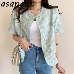 Coats & Jackets Fresh O Neck Short Sleeve Jacket Women Summer Korean Chic Woollen Single-breasted Top Cardigan Fashion 210610