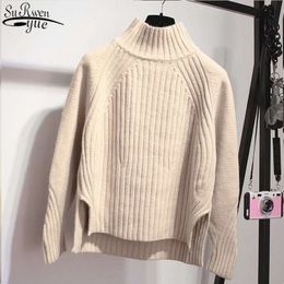 Autumn Winter Women's Turtleneck Short Pullover Long Sleeve Loose O-Neck Solid Cashmere Base Shirt Split Knitwear 11743 210427